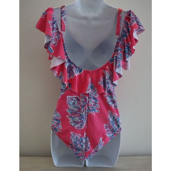 Nicole Miller Women's Sz S Pink Floral Cold Shoulder w/Ruffle 1-Pc Swimsuit $120 - Picture 2 of 7